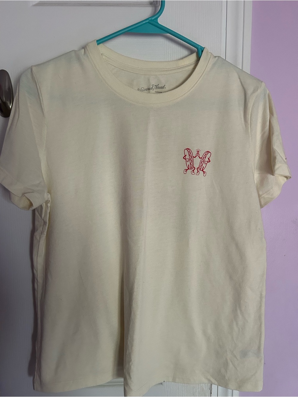Universal Thread Cream Short Sleeve Tee with Hot Dog Graphic